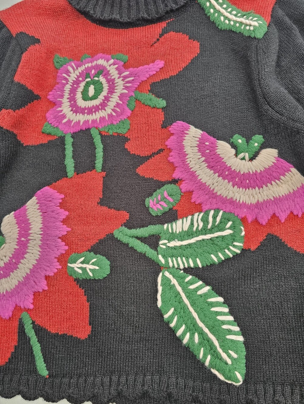 Farm Rio Black Bold Colorful Flower Embroidered Knit Sweater - Picture 5 of 13